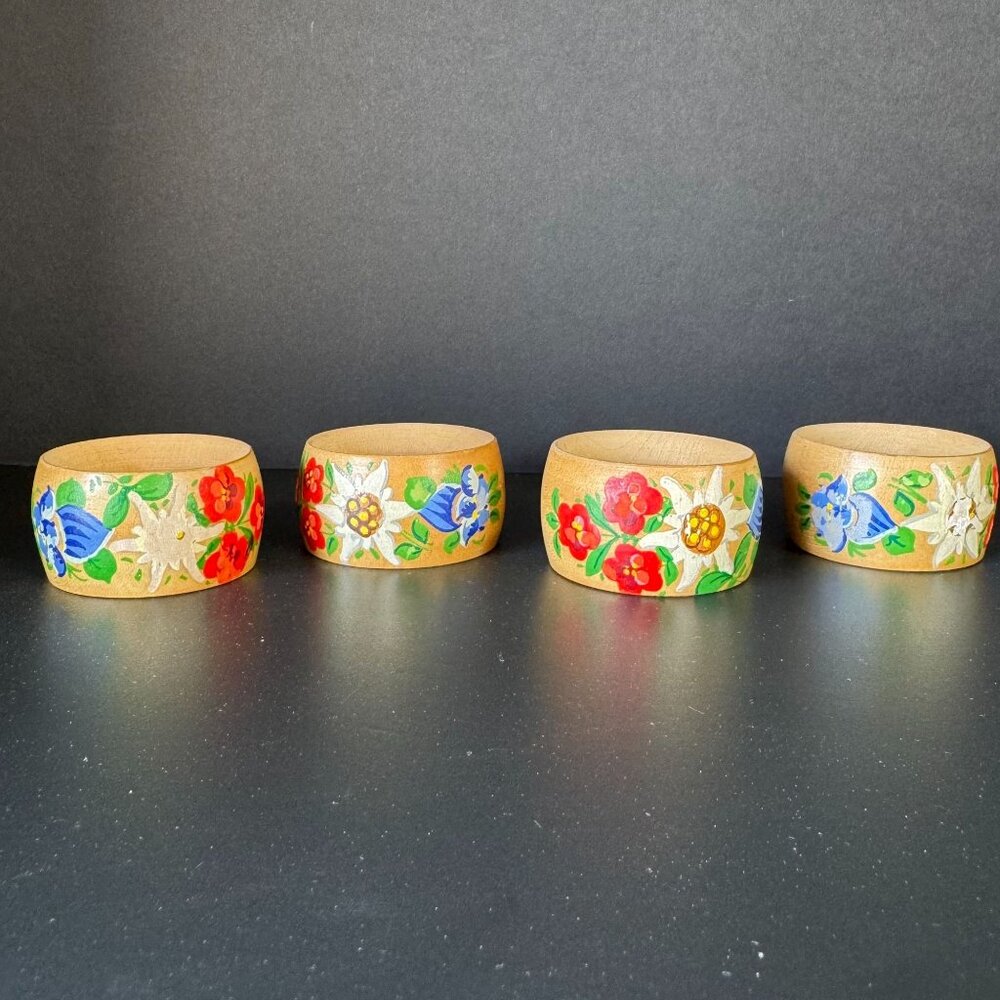 Vintage Boho Hand-Painted Wooden Napkin Ring With Floral Design Set Of 4 Rustic